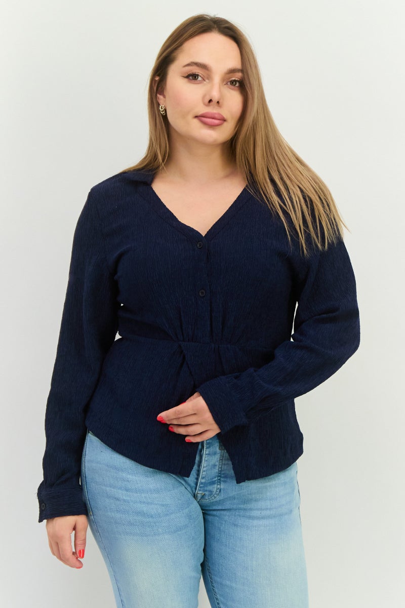 The Giving Movement Women V-Neck Long Sleeve Textured Blouse, Navy Blue - Image 1