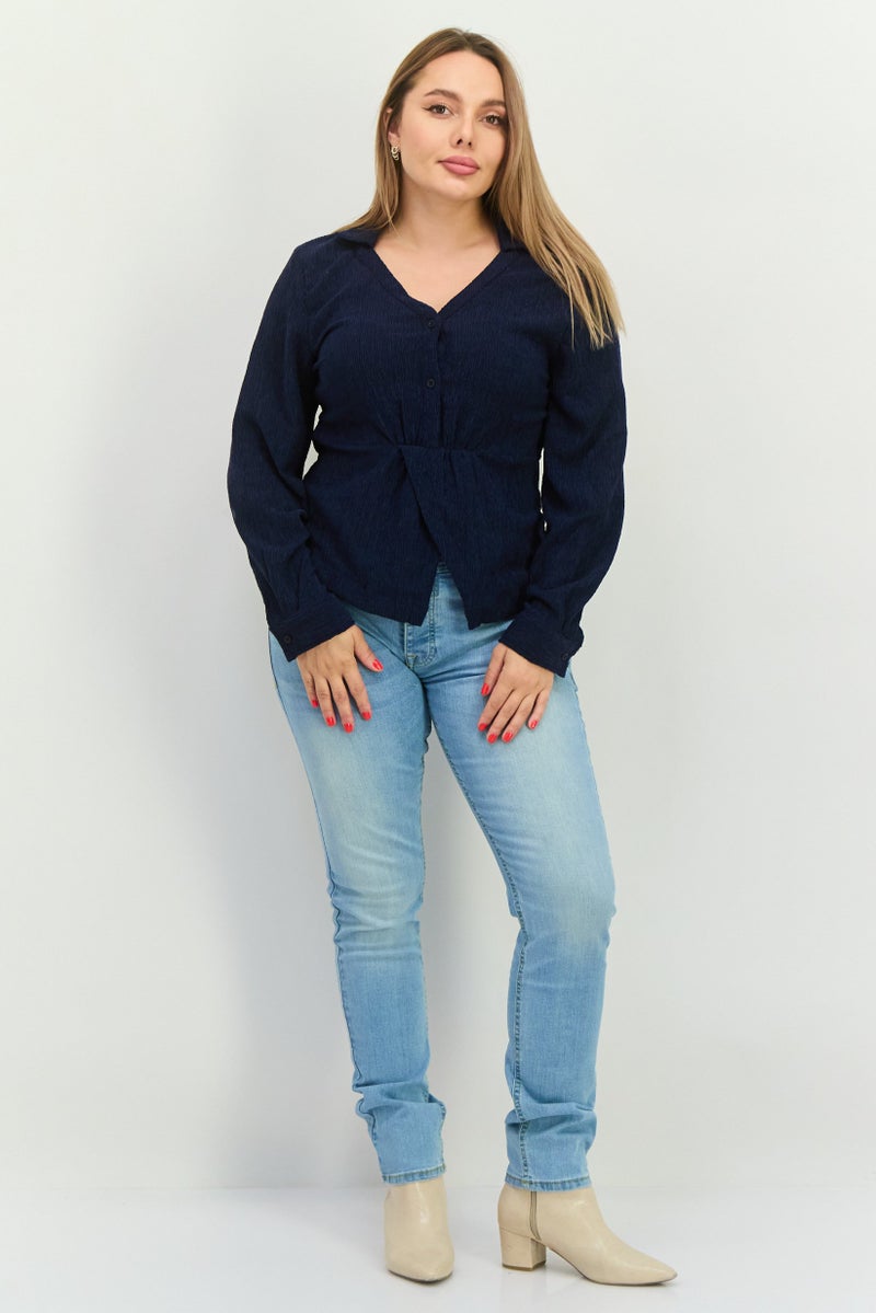 The Giving Movement Women V-Neck Long Sleeve Textured Blouse, Navy Blue - Image 3