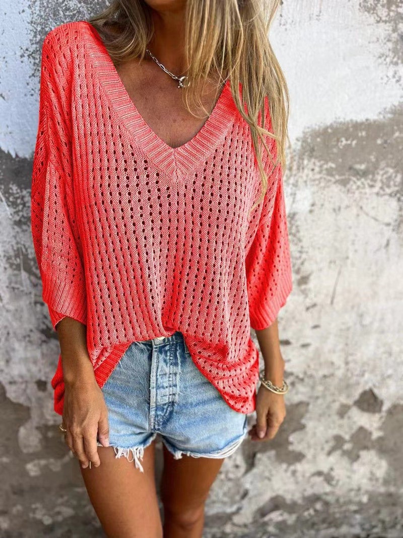 New Hollow-Out T-Shirt Women'S Loose Long-Sleeved Knitted Chinese Fir Lazy Style Design V-Neck Slim Sweater - Image 3