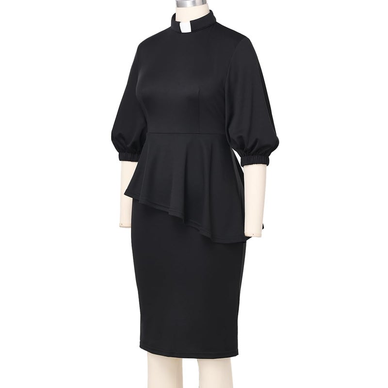 CAMDOM Church Clergy Dress for Women 3/4 Sleeve Irregular Ruffle Pencil Dress with Tab Collar Black - Image 2
