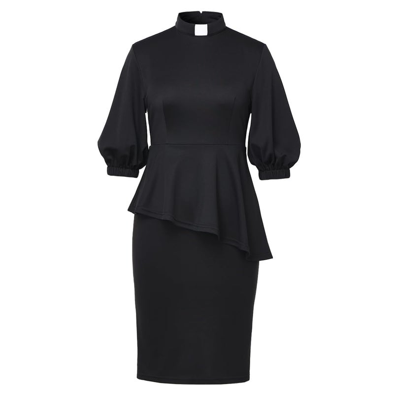 CAMDOM Church Clergy Dress for Women 3/4 Sleeve Irregular Ruffle Pencil Dress with Tab Collar Black - Image 3