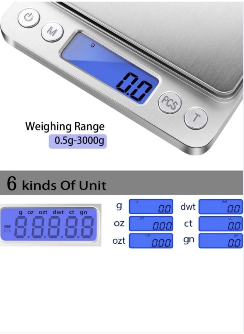 BEILINGDUN - Accurate Electric Kitchen Scale,Mini Electronic Scale,Mini Digital Scale,Food Weighing Scale,Grams Scale Ounce Scale 3kg/0.1g Two Tray(Silver) 12.7 x 10.4 x 1.1cm - Image 1
