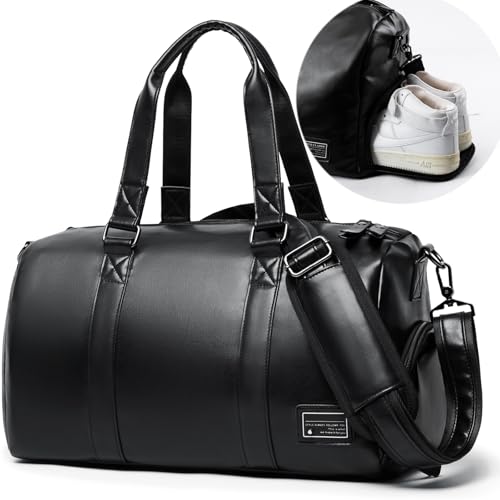 MATE ELAN Leather Gym Fitness Bag for Men Women with Shoe Compartment 20L PU Leather Weekender Travel Duffel Bag Waterproof Overnight Gym Sports Carry-On Bag Black - Image 1