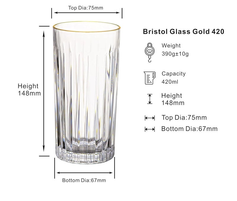 DUBBLIN Bristol 420 Gold Premium Juice and Water Glasses - Set of 6 | Stylish Transparent Drinking Glasses for Water, Juice, and Cocktails -420 ML - Image 2
