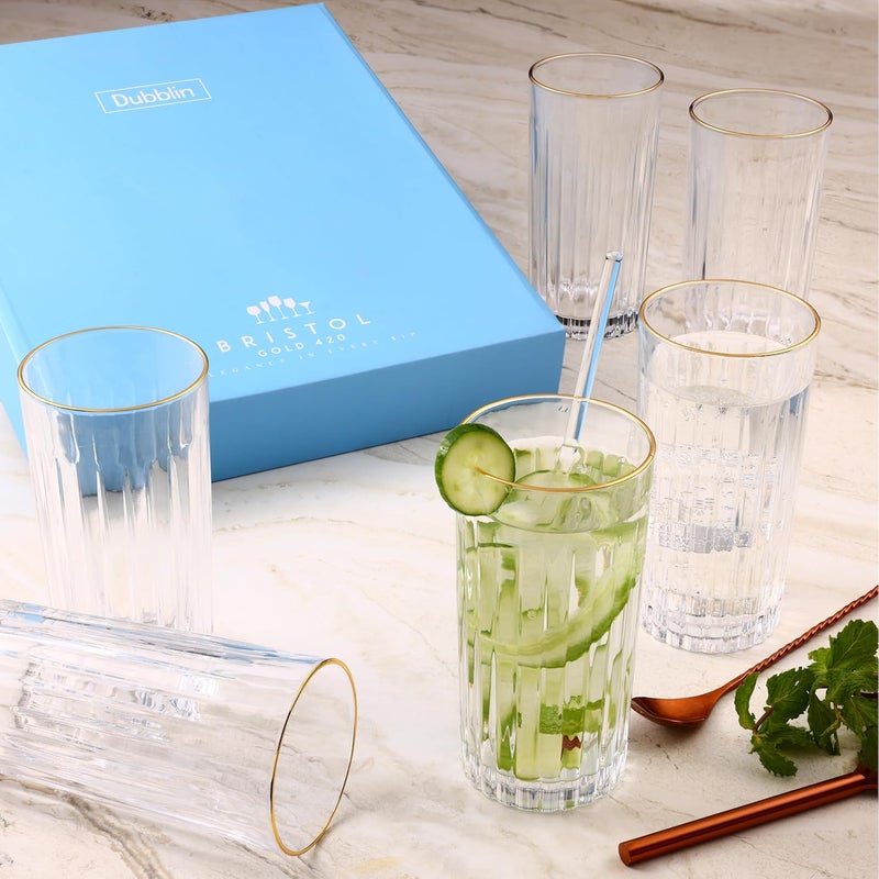 DUBBLIN Bristol 420 Gold Premium Juice and Water Glasses - Set of 6 | Stylish Transparent Drinking Glasses for Water, Juice, and Cocktails -420 ML - Image 4