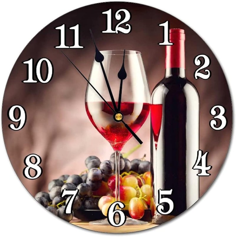 Abucaky Red Wine with Ripe Grapes Wall Clock Battery Operated Silent Round Clock Wall Decor for Home, Office, School 9.8 Inch - Image 1