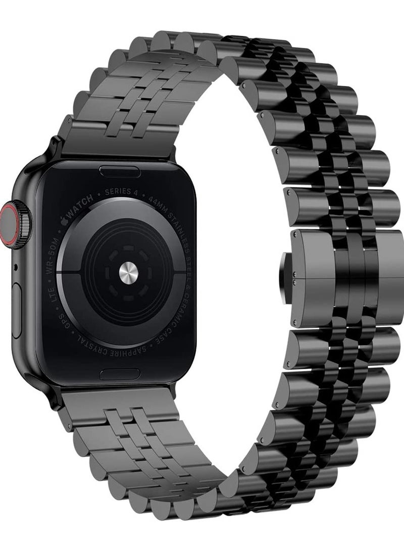 Compatible with Apple Watch Band 44mm 42mm 40mm 38mm Stainless Steel Heavy Band with Butterfly Folding Clasp Link Bracelet for iWatch Series 6/SE Series 5/4/3/2/1 Men Black 44mm/42mm - Image 1