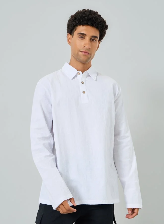 Take Two Men White Long Sleeve Linen Blend Polo