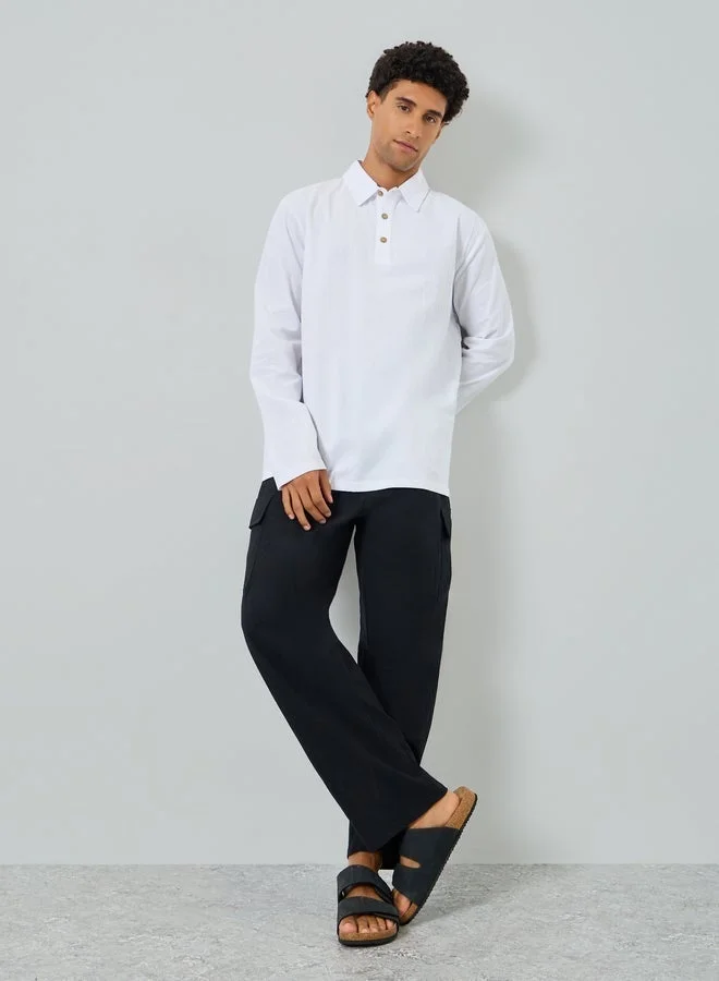 Take Two Men White Long Sleeve Linen Blend Polo