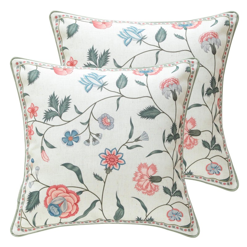 ISAENNE Design Square Retro Elegance Linen Throw Pillow Covers 18"x18" Pack of 2, Green Pink Floral Pattern Cushion Covers Decor Pillowcases for Bed,Living Room,Outdoor,Car - Image 1