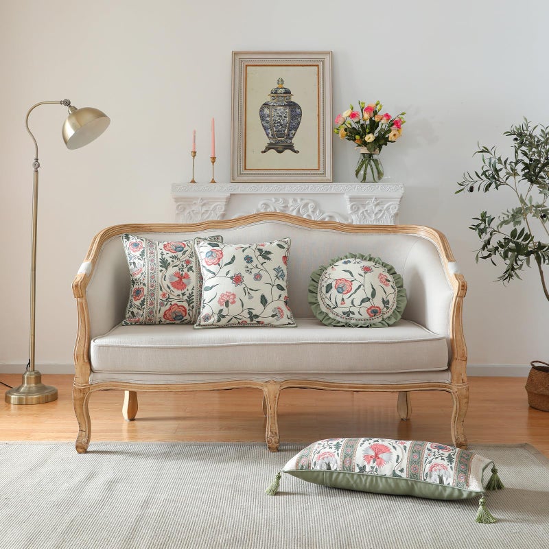 ISAENNE Design Square Retro Elegance Linen Throw Pillow Covers 18"x18" Pack of 2, Green Pink Floral Pattern Cushion Covers Decor Pillowcases for Bed,Living Room,Outdoor,Car - Image 3