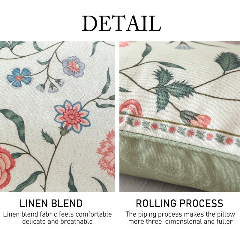ISAENNE Design Square Retro Elegance Linen Throw Pillow Covers 18"x18" Pack of 2, Green Pink Floral Pattern Cushion Covers Decor Pillowcases for Bed,Living Room,Outdoor,Car - Image 4