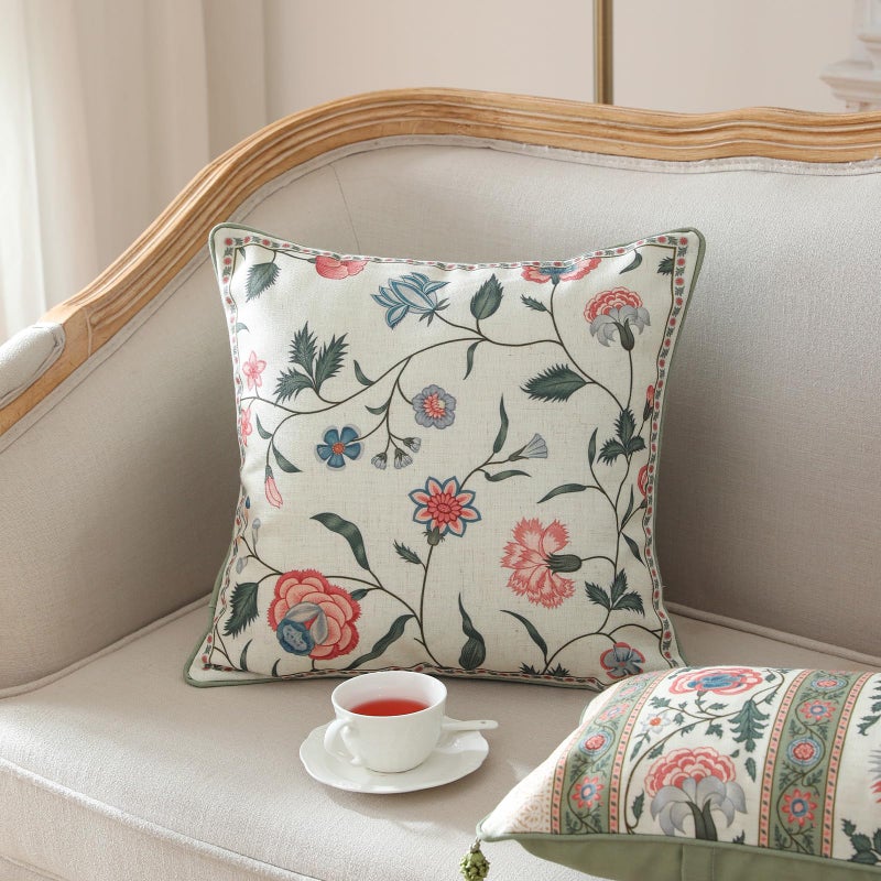 ISAENNE Design Square Retro Elegance Linen Throw Pillow Covers 18"x18" Pack of 2, Green Pink Floral Pattern Cushion Covers Decor Pillowcases for Bed,Living Room,Outdoor,Car - Image 2