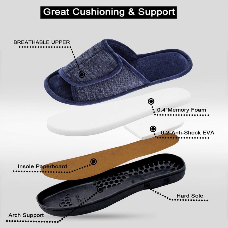 DL Adjustable Men's Slippers, Memory Foam, Open Toe, Comfortable Indoor/Outdoor, Cozy Breathable Slide, Bedroom Velcor Slippers, Size 9-10, Navy - Image 4