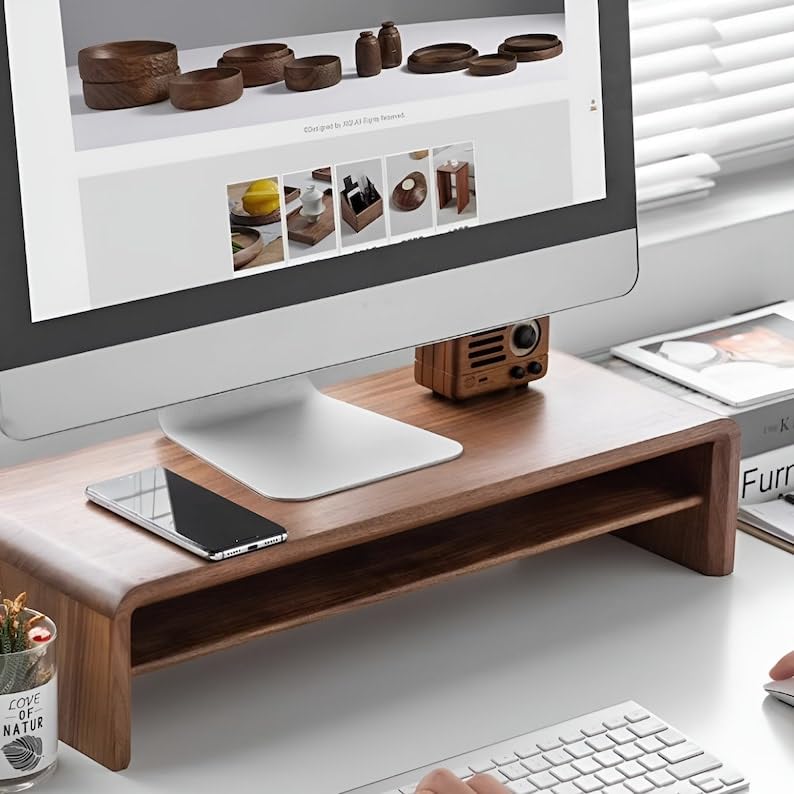 carpentray Dual Wooden Computer Monitor Stand, Monitor Riser Desk Shelf Desktop Stand TV Laptop Riser with Keyboard Storage Desk (Walnut Finish) - Image 1