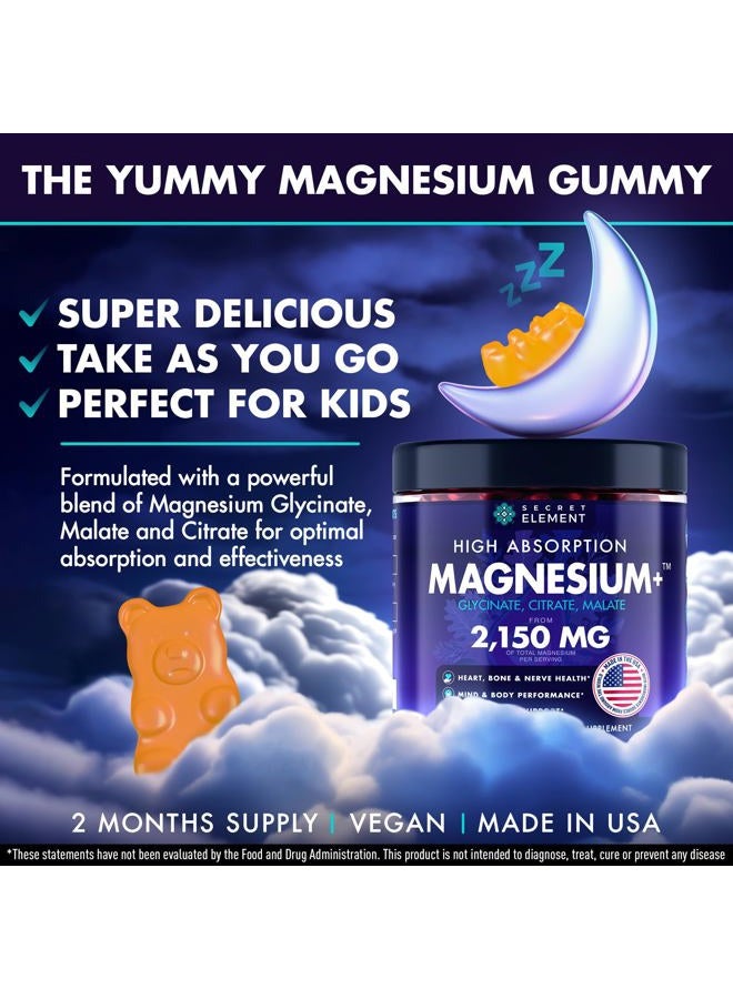SECRET ELEMENT Magnesium Glycinate 2150MG Gummies for Women and Men, High Absorption Magnesium Glycinate, Citrate, Malate Gummies for Adults & Kids, Magnesium for Sleep Support, Sugar Free, Vegan, 60 Chews, Orange - Image 2