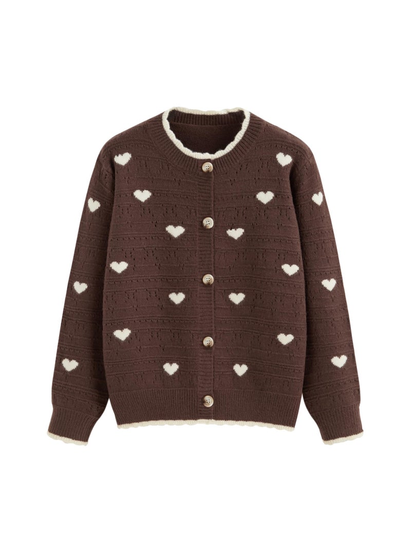 CIDER Cardigan Sweaters for Women Trendy Cute Sweaters Long Sleeve Crew Neck Heart Print Cardigans Spring Fall Outfits: Brown, L - Image 1