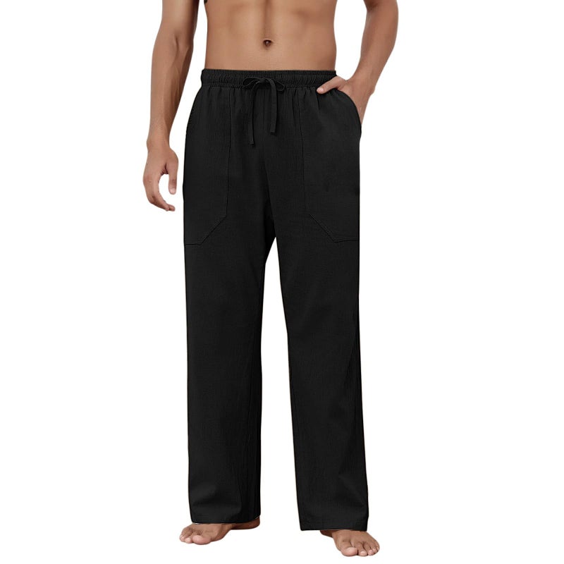 Puimentiua Cotton Linen Pants Men Casual Loose Fit Elastic Drawstring Waist Summer Beach Pants(Black,L) - Image 2