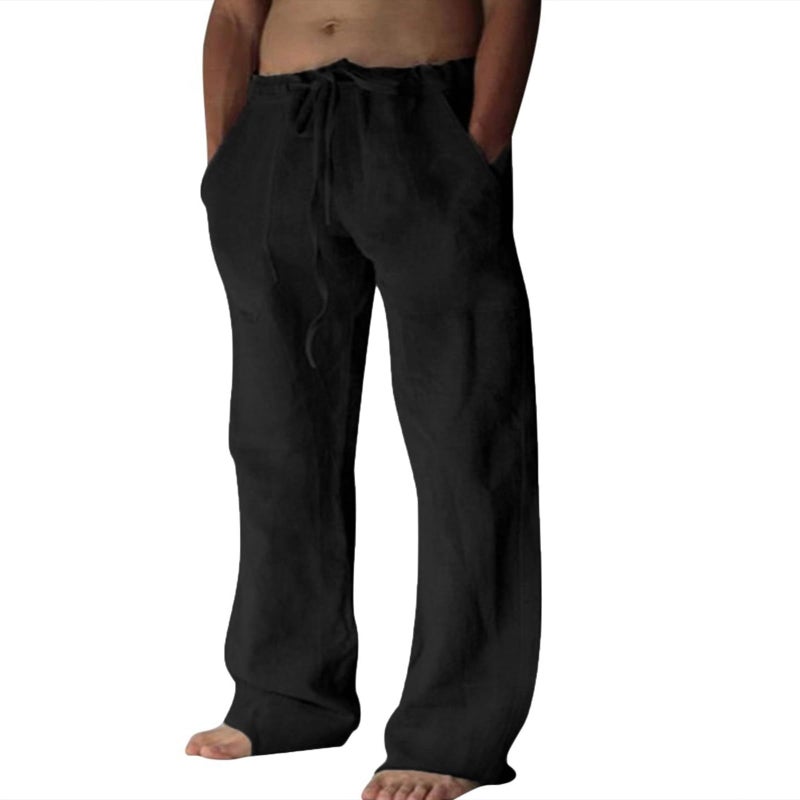 Puimentiua Cotton Linen Pants Men Casual Loose Fit Elastic Drawstring Waist Summer Beach Pants(Black,L) - Image 1