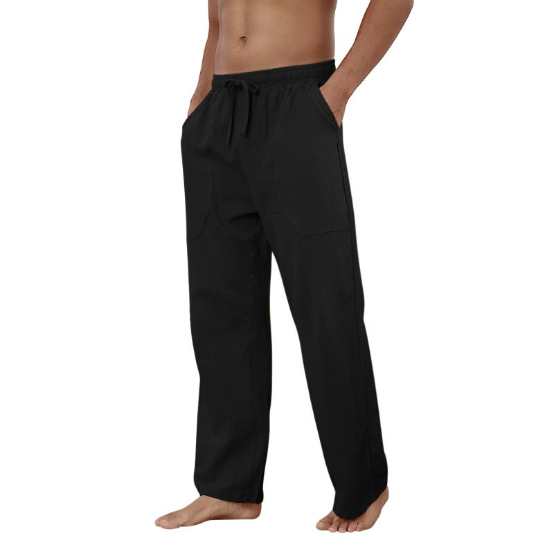 Puimentiua Cotton Linen Pants Men Casual Loose Fit Elastic Drawstring Waist Summer Beach Pants(Black,L) - Image 4