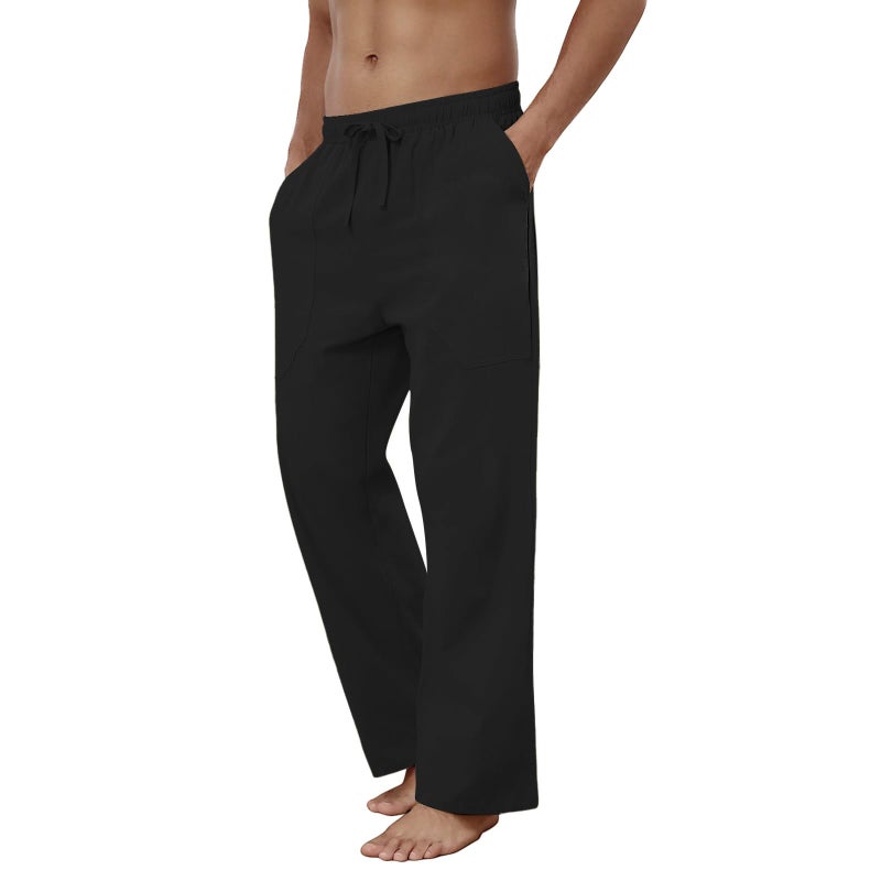 Puimentiua Cotton Linen Pants Men Casual Loose Fit Elastic Drawstring Waist Summer Beach Pants(Black,L) - Image 5