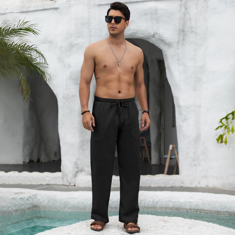 Puimentiua Cotton Linen Pants Men Casual Loose Fit Elastic Drawstring Waist Summer Beach Pants(Black,L) - Image 3