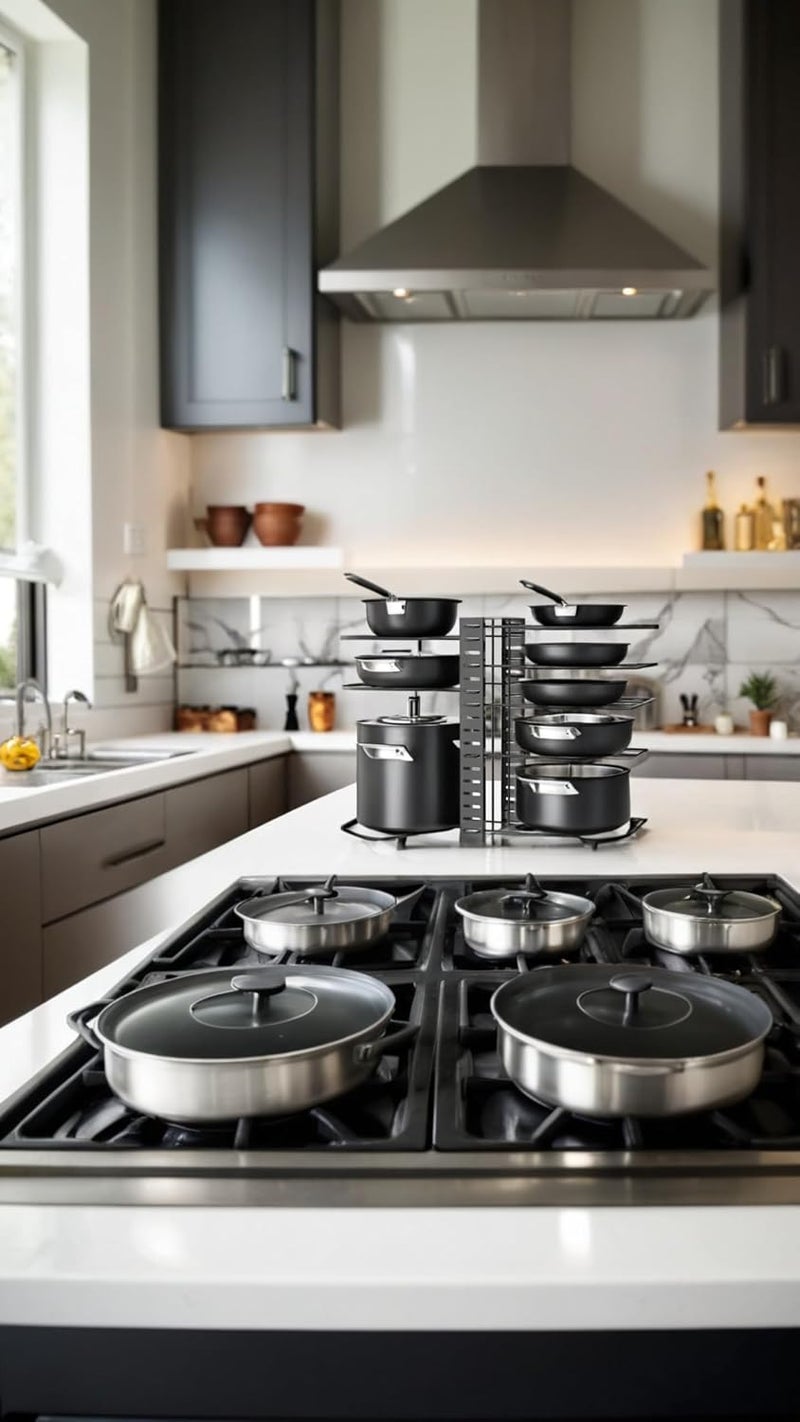 Honwor Kitchen Cabinet Organizer Rack, 8-Layer Double-Sided Space Saving Stand with Adjustable Dividers, Iron Wire Black - Efficient Storage Solution for Pots and Pans - Image 4