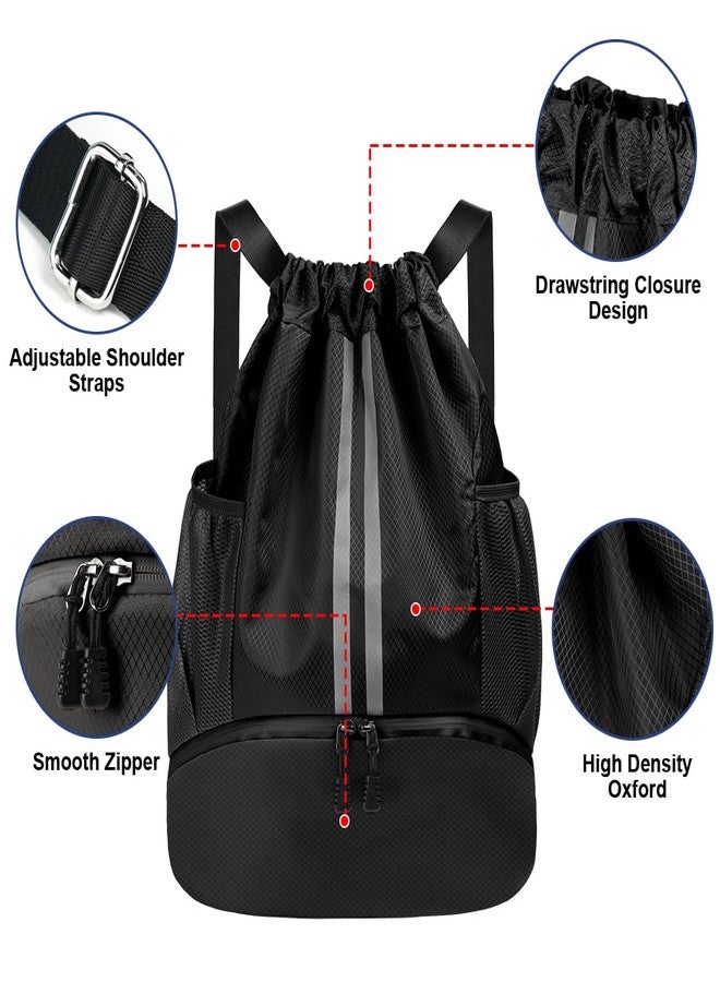 flintronic Sports Drawstring Bag, Waterproof Foldable Drawstring Backpack with Shoe Compartment and Mesh Water Bottle Pockets for Travel Gym Beach Pool, Black-A, 30*22*4cm, Sporty or elegant simple - Image 4