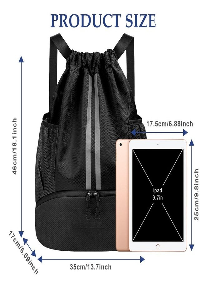 flintronic Sports Drawstring Bag, Waterproof Foldable Drawstring Backpack with Shoe Compartment and Mesh Water Bottle Pockets for Travel Gym Beach Pool, Black-A, 30*22*4cm, Sporty or elegant simple - Image 2