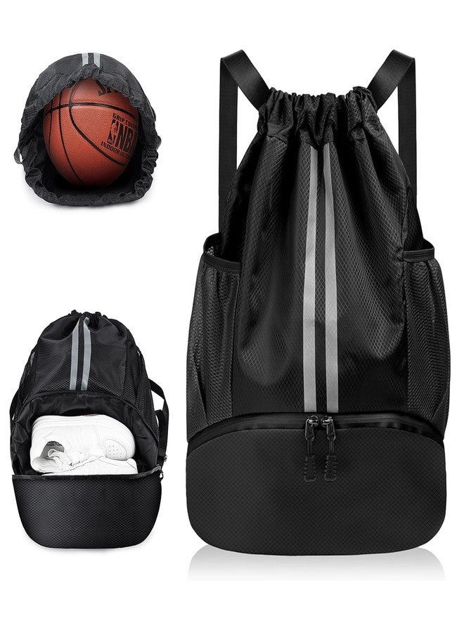 flintronic Sports Drawstring Bag, Waterproof Foldable Drawstring Backpack with Shoe Compartment and Mesh Water Bottle Pockets for Travel Gym Beach Pool, Black-A, 30*22*4cm, Sporty or elegant simple - Image 1