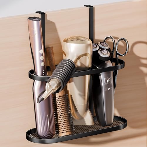 Josmimic 3in1 Hair Tool Organizer Holder for Dryer Straightener Curling Iron MultiPlacement Design Mounts on Cabinet DoorTabletop Black Elliptic Frame - Image 1
