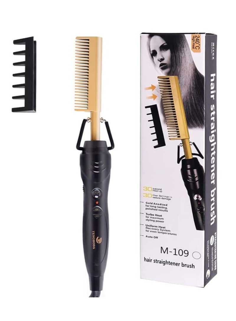Professional Hair Straightener Comb Ceramic Press Comb with Dual Voltage and Auto Shut-off, Hairdresser Tools (Gold) - Image 1