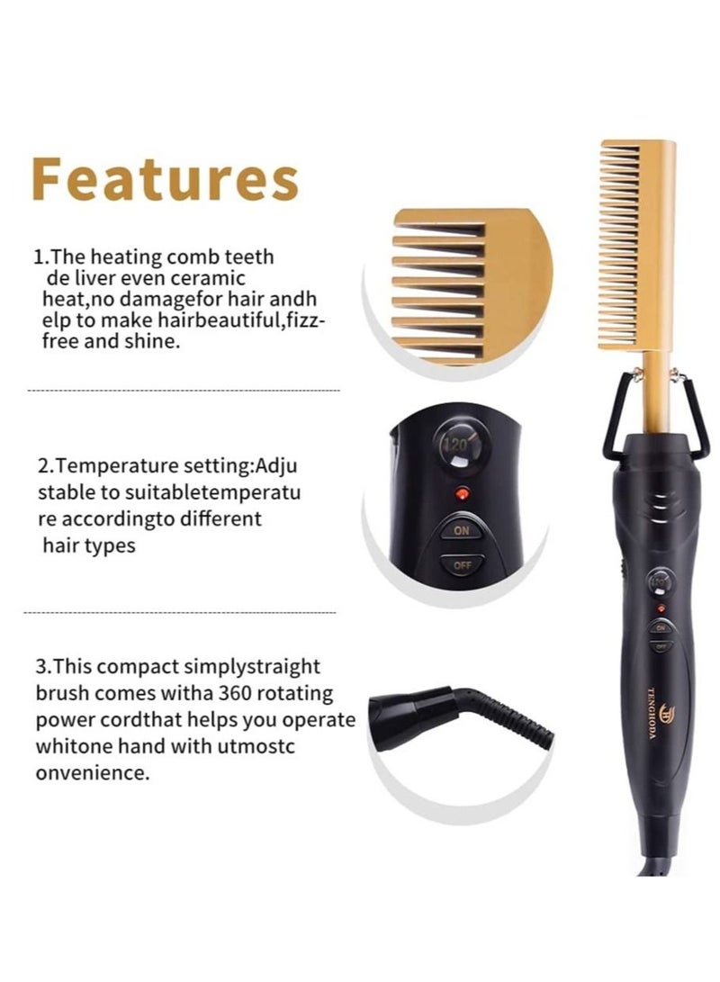 Professional Hair Straightener Comb Ceramic Press Comb with Dual Voltage and Auto Shut-off, Hairdresser Tools (Gold) - Image 2