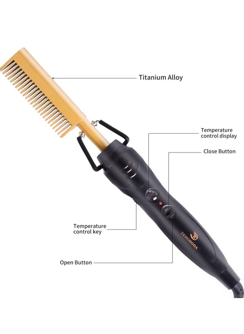 Professional Hair Straightener Comb Ceramic Press Comb with Dual Voltage and Auto Shut-off, Hairdresser Tools (Gold) - Image 3