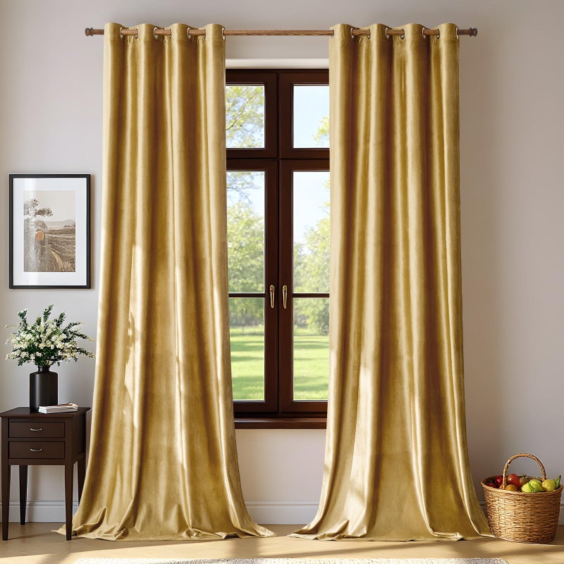 BULBUL Velvet Gold Curtains 84 inch Length- Living Room Blackout Thermal Window Drapes Darkening Decor Grommet Curtains for Bedroom Set of 2 Panels - Image 1