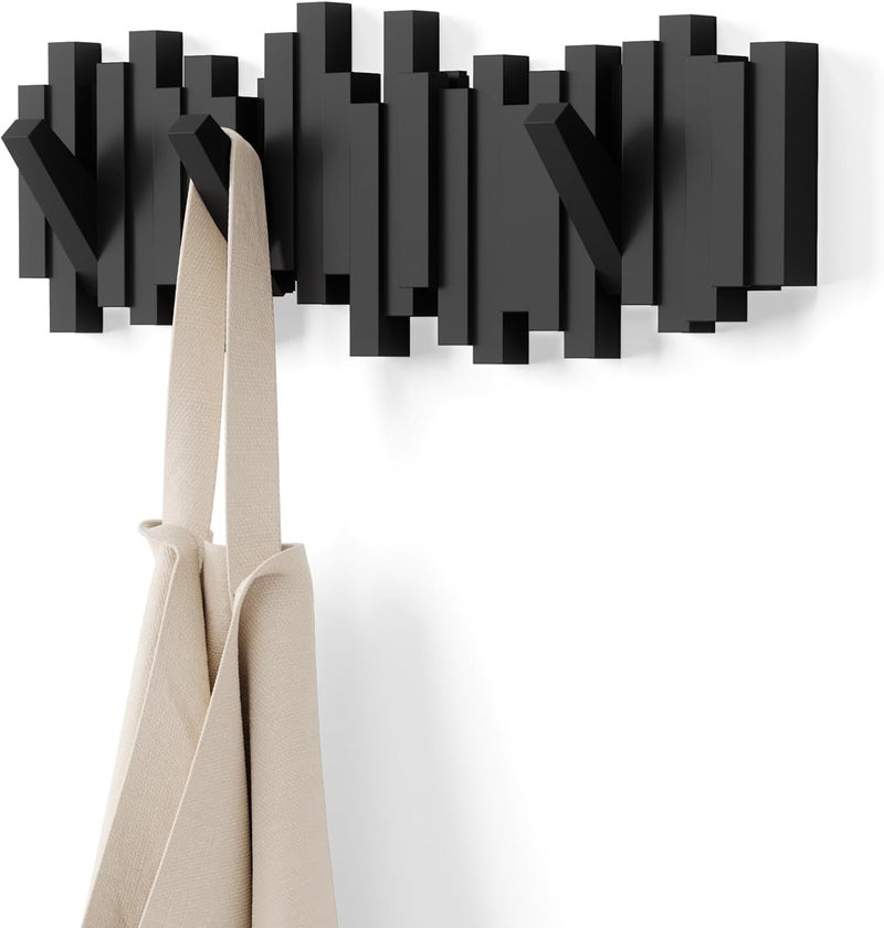 Wall Mounted Coat Rack with 5 Retractable Hooks Wooden Storage Organizer Black - Image 1