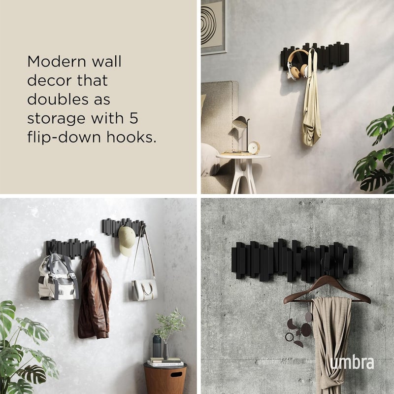 Wall Mounted Coat Rack with 5 Retractable Hooks Wooden Storage Organizer Black - Image 4