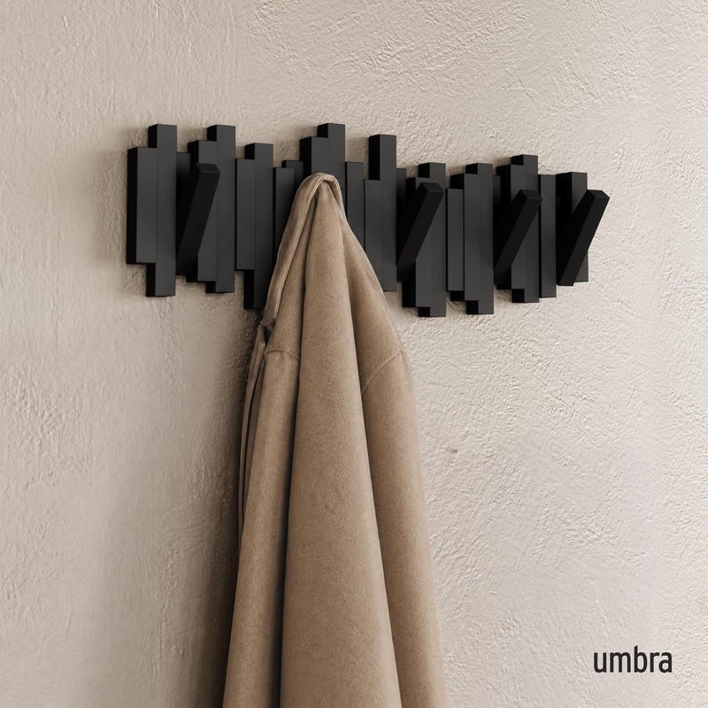 Wall Mounted Coat Rack with 5 Retractable Hooks Wooden Storage Organizer Black - Image 2