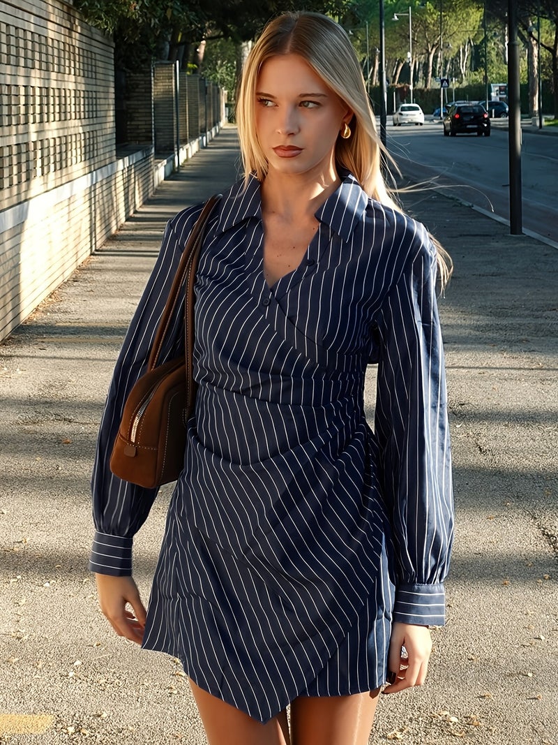 Naval White Striped Print Cross Tie Belt Pleated Long Sleeve Dress, New Year Dress, Shirt, Professional Women's Clothing, Beach Outfit. Nian Nian Selection - Image 4