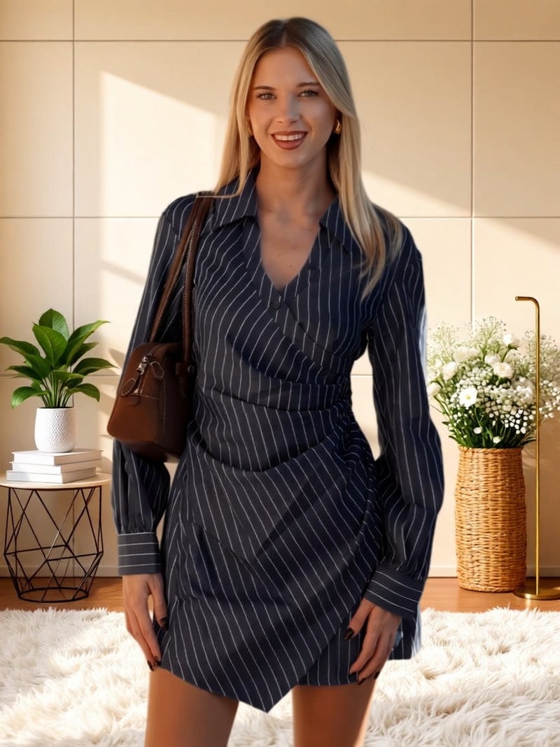 Naval White Striped Print Cross Tie Belt Pleated Long Sleeve Dress, New Year Dress, Shirt, Professional Women's Clothing, Beach Outfit. Nian Nian Selection - Image 2
