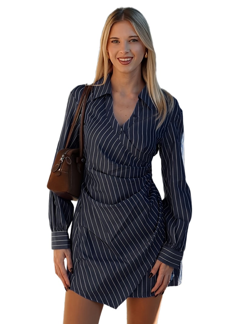 Naval White Striped Print Cross Tie Belt Pleated Long Sleeve Dress, New Year Dress, Shirt, Professional Women's Clothing, Beach Outfit. Nian Nian Selection - Image 1