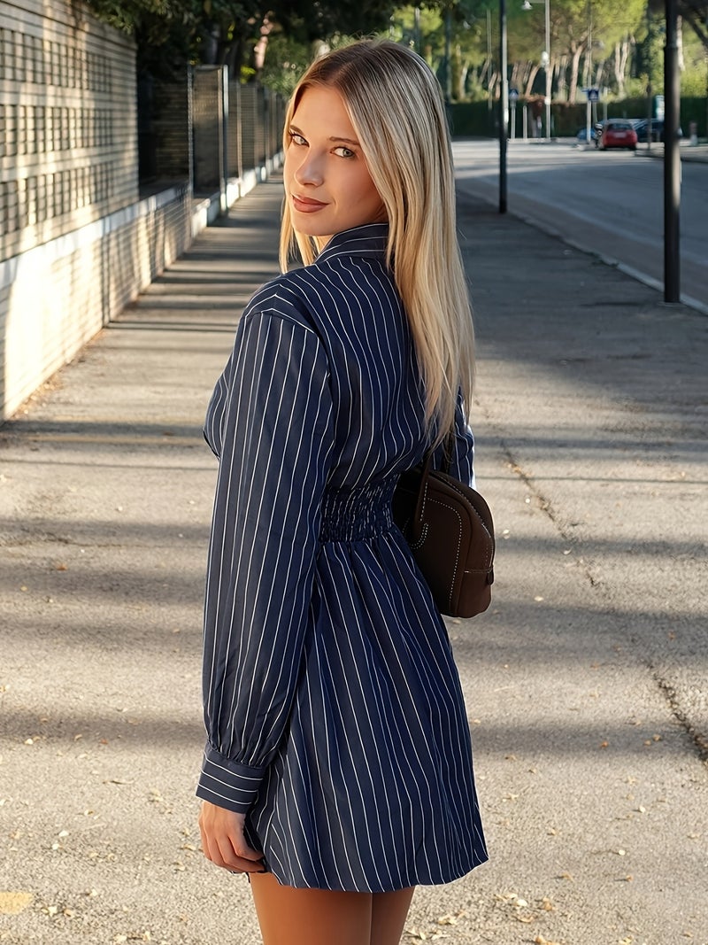 Naval White Striped Print Cross Tie Belt Pleated Long Sleeve Dress, New Year Dress, Shirt, Professional Women's Clothing, Beach Outfit. Nian Nian Selection - Image 5