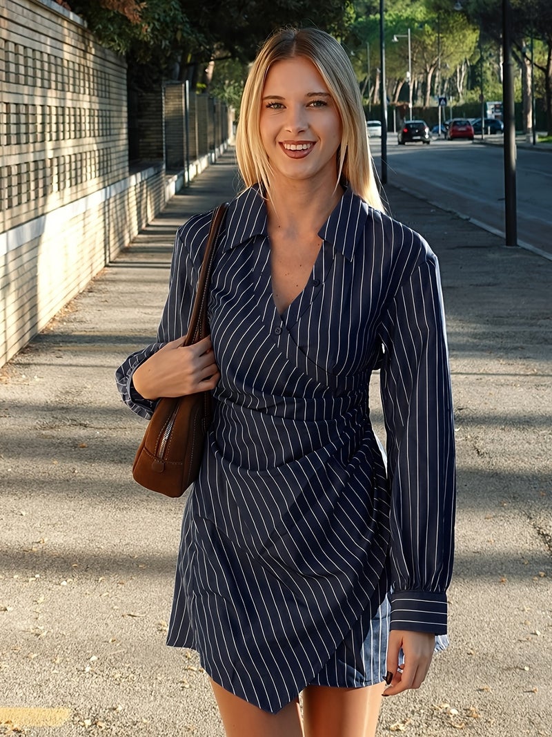 Naval White Striped Print Cross Tie Belt Pleated Long Sleeve Dress, New Year Dress, Shirt, Professional Women's Clothing, Beach Outfit. Nian Nian Selection - Image 3