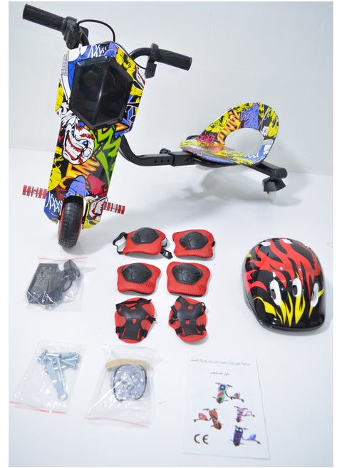 Electric Scooter Drift Small with a Power of 36 Volts with a Helmet Protection for the Knees Elbows and Wrists. It has Two Esper Keys and Wonderful Lighting Under the Seat and From the Front