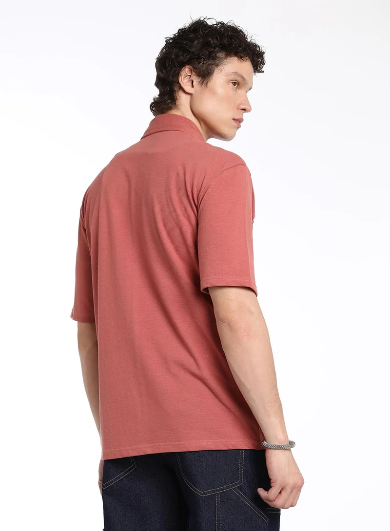 Campus Sutra Men's Terracotta Orange Utility Knit Shirt For Casual Wear | Spread Collar | Short Sleeve | Button Closure | Shirt Crafted With Comfort Fit For Everyday Wear
