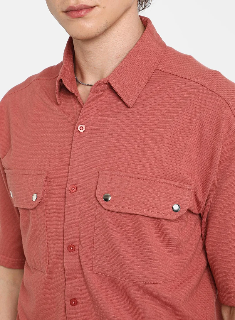 Campus Sutra Men's Terracotta Orange Utility Knit Shirt For Casual Wear | Spread Collar | Short Sleeve | Button Closure | Shirt Crafted With Comfort Fit For Everyday Wear