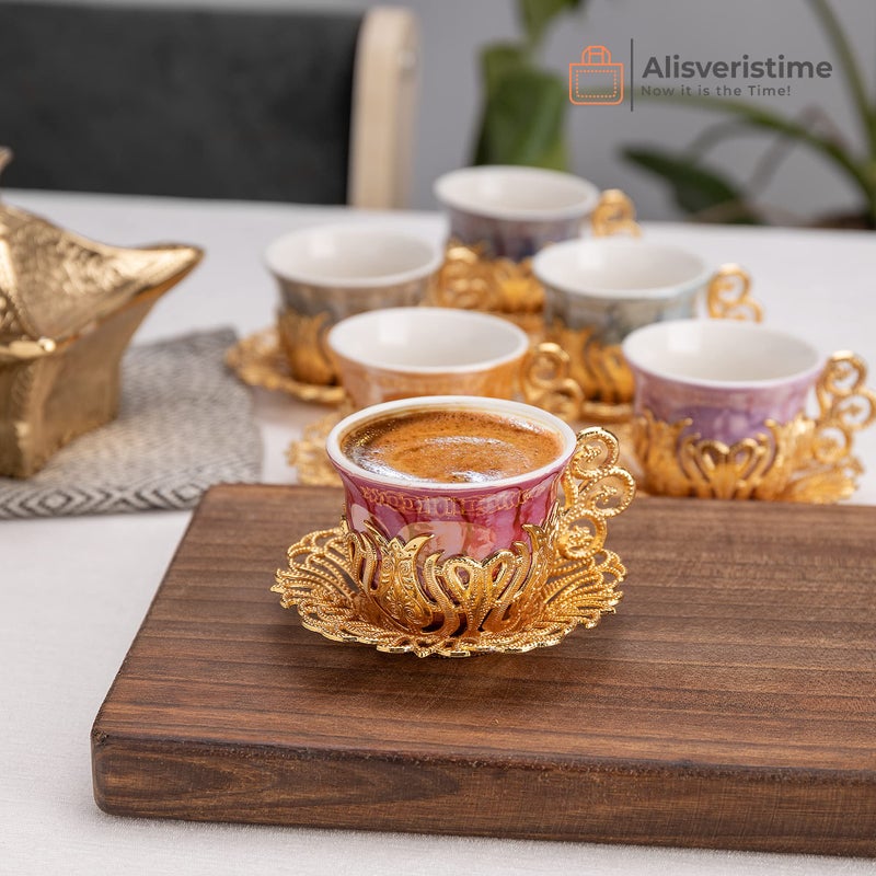 Alisveristime 12 قطعة قهوة تركية يونانية عربية قهوة اسبريسو طقم صحن بورسلين (ذهبي) - Image 2