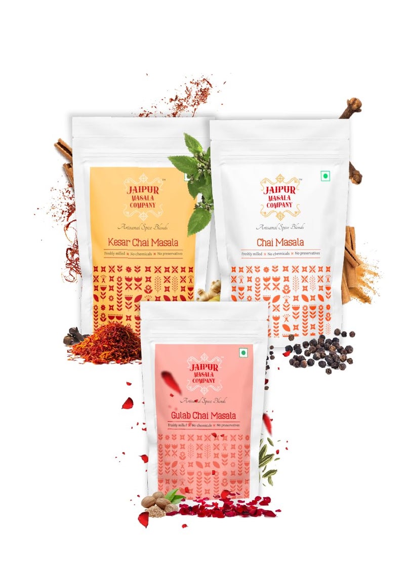 Jaipur Masala Company | Trial Combo Pack - Chai Masala, Kesar Chai Masala & Gulab Chai Masala | 100% Natural, Premium Spices, For Tasty Masala Tea | 100 gm each - Image 1
