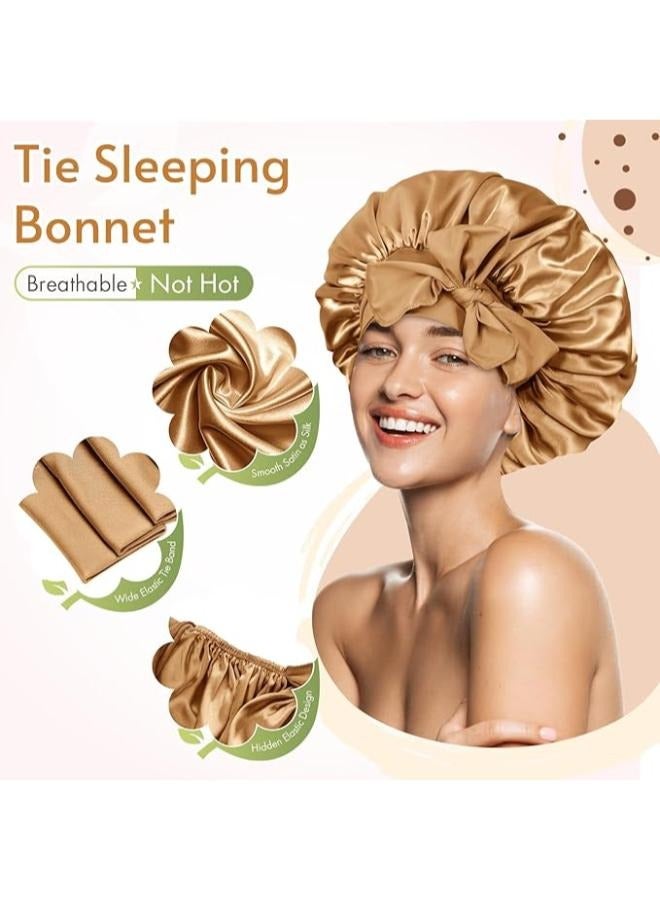 Generic BONNET QUEEN Silk for Sleeping Women Satin Hair Night Sleep Cap Scarf wrap for Curly Hair with tie Band Beige - Image 2