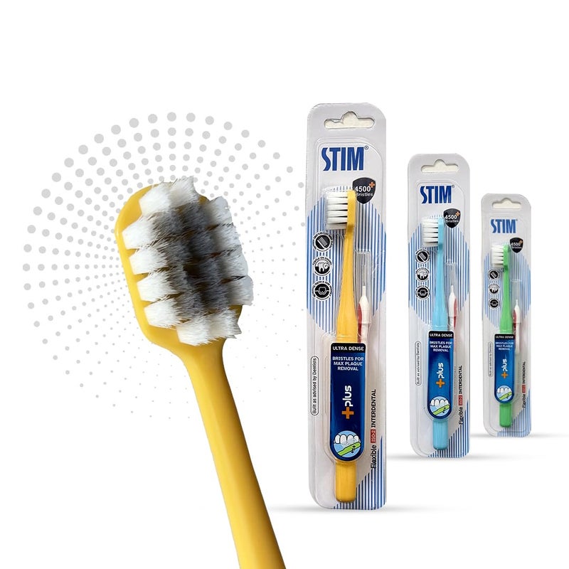 STIM Plus Toothbrush | 4,500+ Ultra-Soft Bristles | Tapered Tips for Sensitive Teeth | Gentle on Gums & Enamel | Adults | Mixed Colors | Toothbrush + Interdental Brush - Pack of 3 - Image 1